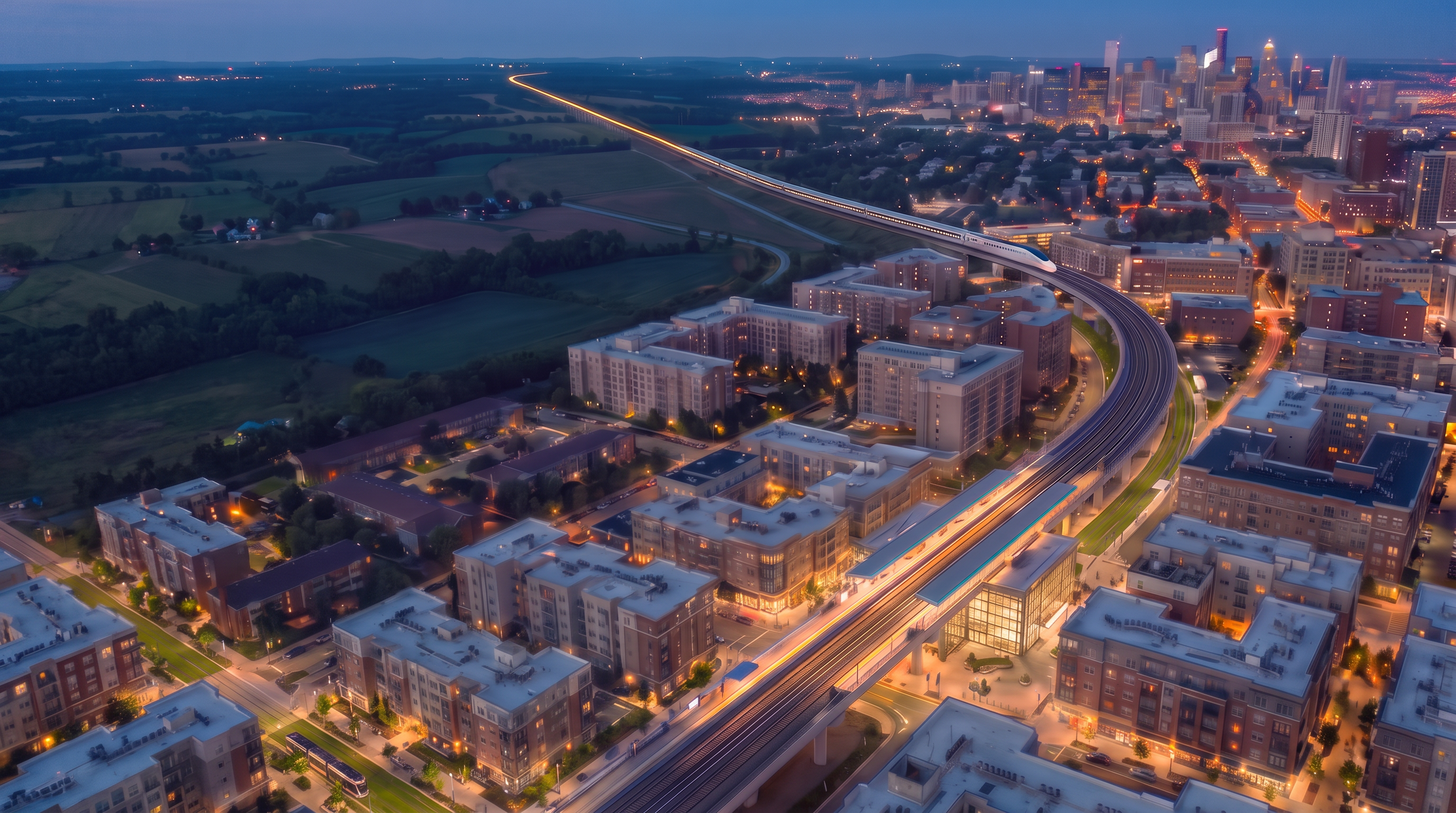 A rail line approaching a city interchange station surrounded by dense car-free neighborhoods with tram lines and walking streets