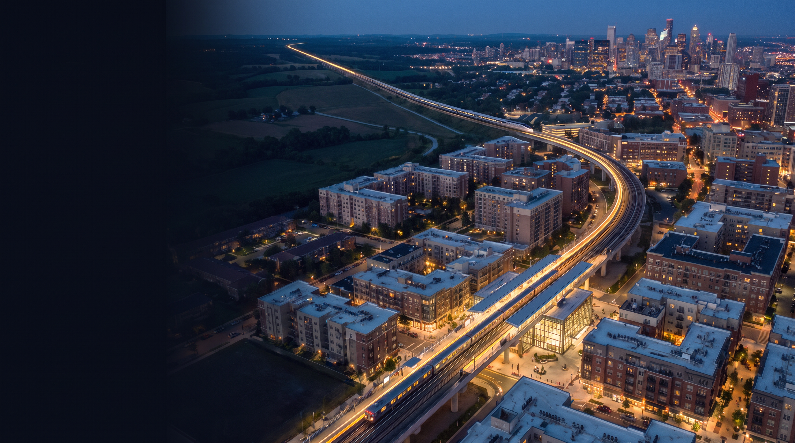 A rail network extending from the American landscape into a city