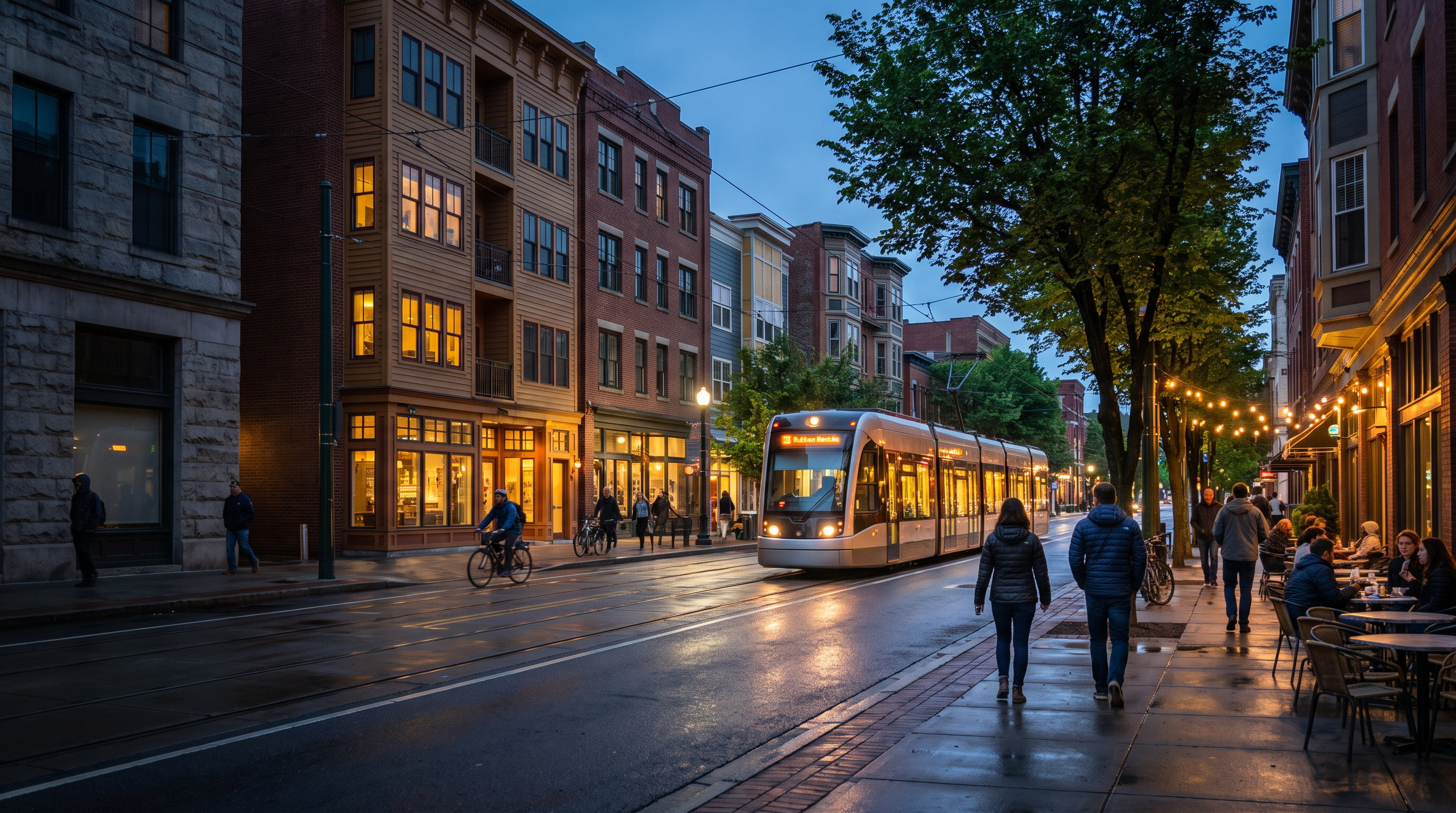 People walking and cycling beside a light-rail train in a lively neighborhood